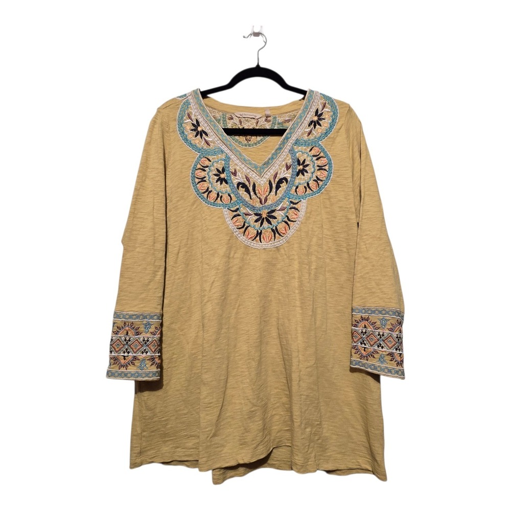 Soft Surroundings Sunrise Tunic Top Women L Green Yellow Embroidery Boho Peasant